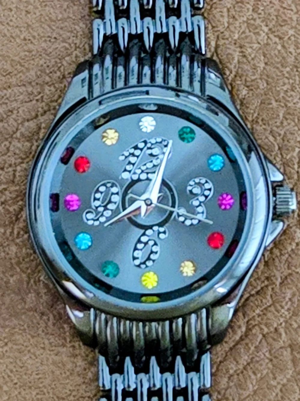 Silver Crystal Accent Round Face Watch with Multicolor rainbow Stones